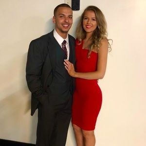 red one shoulder draped midi dress